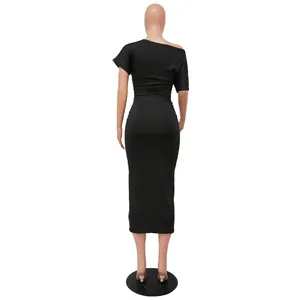 Detailed back view of a black one-shoulder ruched bodycon midi dress for women