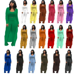 Women Ribbed High Stretch 3 Piece Outfits Long Open Front Cardigan Cami Crop Top High Waisted Wide Leg Pants Loungewear Set
