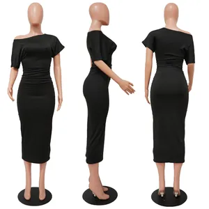 Three-angle detail view of black off-shoulder ruched slim-fit midi dress on mannequin