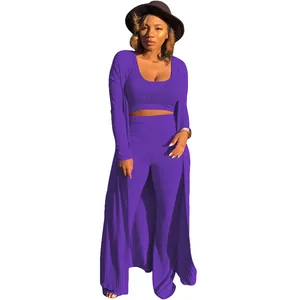 Full view of a sexy purple three-piece ribbed lounge set featuring a long cardigan and pants