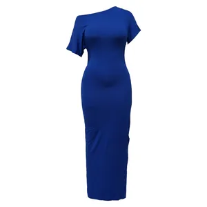 Deep blue one-shoulder bodycon maxi dress with pleated details and stretch fabric.