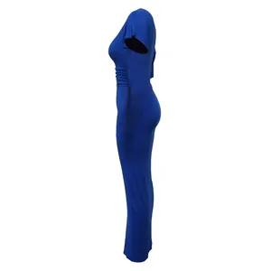 Detailed side view of elegant blue ruched slim fit short sleeve bodycon maxi dress