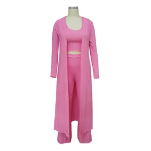 Detailed view of pink ribbed 3-piece loungewear set with cardigan and pants