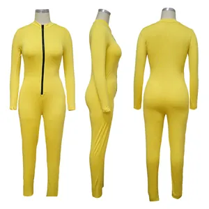 Front side and back views of a yellow long-sleeve slim fit jumpsuit on a mannequin