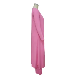 Side profile view of pink ribbed high stretch three-piece women's loungewear set