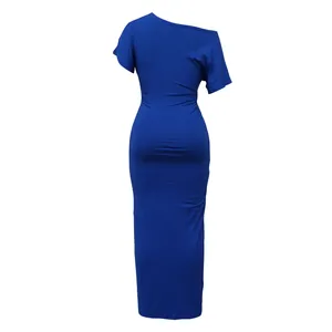 Back view of elegant royal blue one-shoulder ruched bodycon maxi dress for women