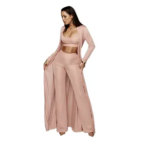 Ensemble de détente 3 pièces en maille côtelée pour femme avec haut et cardigan
