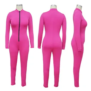 Front, back, and side views of a pink long-sleeved slim-fit jumpsuit on white mannequins