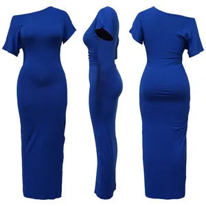 Slim fit blue ruched one-shoulder maxi dress shown from front, side and back angles