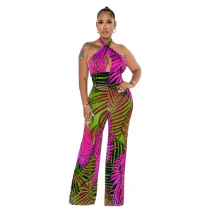 Sexy Jumpsuit mit weitem Bein, tropischem Blattmuster, Neckholder und Rückenfrei