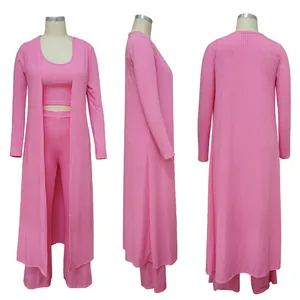 Detailed view of pink 3-piece ribbed set showing front, side, and back views
