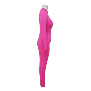 Side profile of a hot pink bodycon long-sleeved jumpsuit for women on mannequin