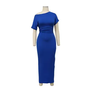 Detailed view of the blue ruched one-shoulder slim-fit bodycon maxi dress on mannequin
