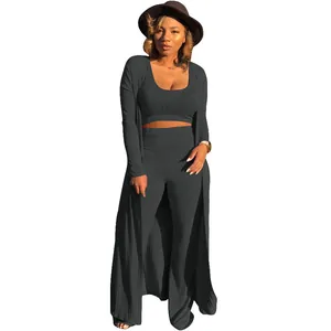 Full view of women's 3-piece charcoal grey ribbed set with cardigan and wide leg pants.