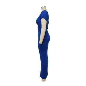 Side view of royal blue ruched bodycon maxi dress with slanted shoulder detail