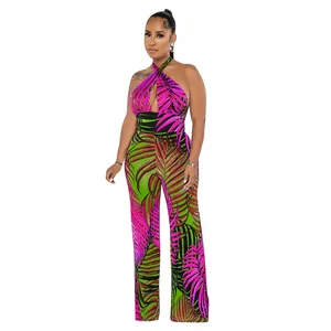 Sexueller Jumpsuit mit tropischem Blattmuster, Neckholder und weitem Bein für Damen