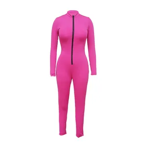 Front full view of a sexy hot pink long-sleeve tight-fitting jumpsuit with zipper