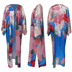 Detailed front side and back views of a long loose floral print satin kimono robe