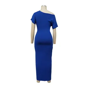 Full-length rear view of a royal blue one-shoulder bodycon maxi dress on a mannequin