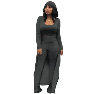 Full view of women's grey ribbed 3-piece set with crop top, pants, and cardigan
