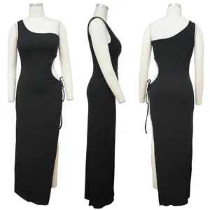 Multiple angles showing the fit and cut-out detail of the black one-shoulder ribbed dress