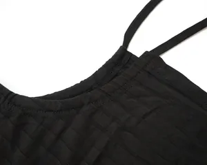 Detailed view of high-stretch black ribbed fabric and fine stitching on a dress
