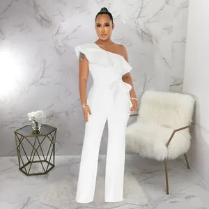 Elegant one-shoulder white jumpsuit featuring a stylish ruffle detail and matching waist belt