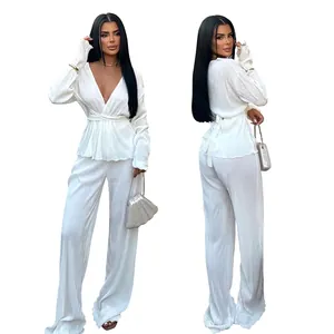 Elegant white pleated two-piece set showing detailed front and back views for women.