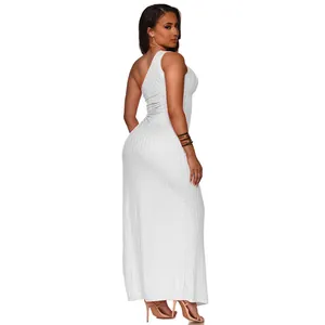 Elegant white one-shoulder ribbed maxi dress for women in a sexy slim bodycon fit