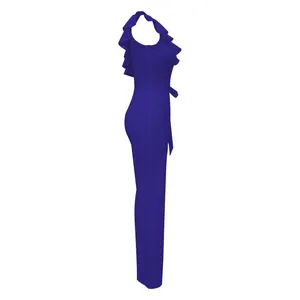 Side view of royal blue sleeveless jumpsuit with elegant ruffled shoulder details and belt.