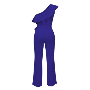Back view of a royal blue one-shoulder jumpsuit with elegant ruffle detailing and belt