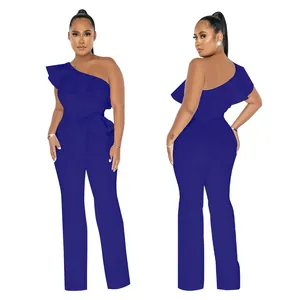 Front and back detail of a royal blue one-shoulder ruffled jumpsuit with belt.