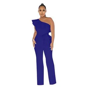 Elegant one-shoulder royal blue jumpsuit with decorative ruffles and a matching belt