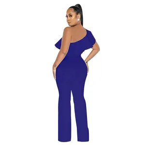 Back view of a royal blue one-shoulder jumpsuit with elegant ruffle details.