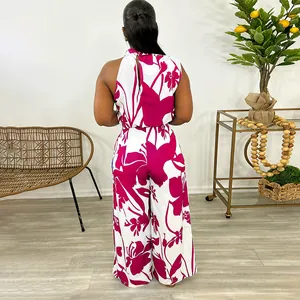 Back view of stylish magenta floral print sleeveless top and wide-leg trousers set