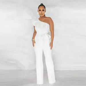 Elegant solid white one-shoulder ruffle jumpsuit with a matching waist belt for women