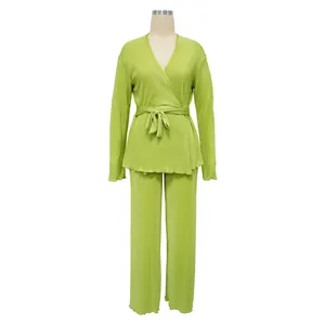 Lime green plus size two-piece pleated lounge set with wrap top and matching pants