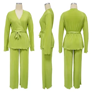 Detailed front, side, and back views of a lime green pleated plus size casual set