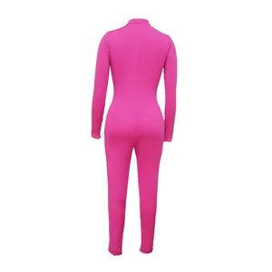 Back view detail of a vibrant rose pink skin-tight long-sleeved jumpsuit for women