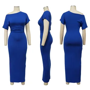 Elegant royal blue one-shoulder maxi dress featuring ruched waist detail in multi-angle view