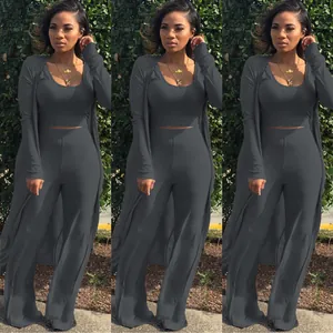 Sexy grey ribbed 3-piece lounge set including a crop top wide-leg pants and long cardigan