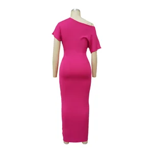Back view of a hot pink one-shoulder slim-fit maxi dress displayed on mannequin