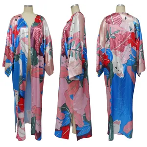 Multi-angle view of floral print long sleeve loose casual kimono cardigan
