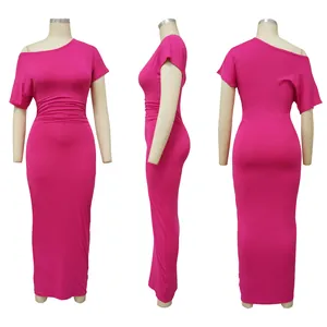 Detailed view of fuchsia off-shoulder ruched bodycon maxi dress from multiple angles