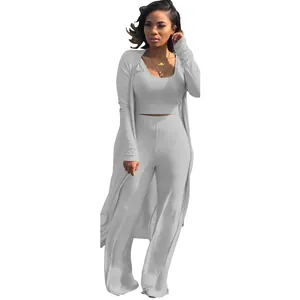 Full view detail of women's three-piece ribbed knit loungewear set in light grey