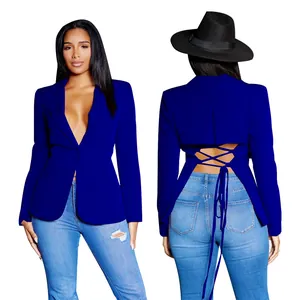 Elegante koningsblauwe blazer met V-hals en een sexy open rug met veters, voor- en achterkant