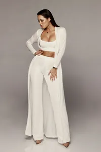 Élégant ensemble détente blanc 3 pièces en maille côtelée avec gilet long et pantalon large