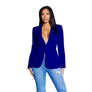 Elegante koningsblauwe damesblazer met diepe V-hals en een moderne slanke pasvorm