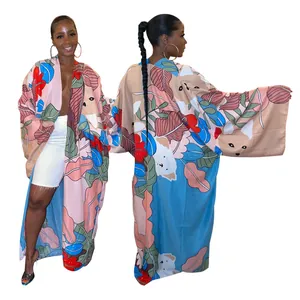 Detailed front and back view of a women's loose floral print long kimono cardigan.