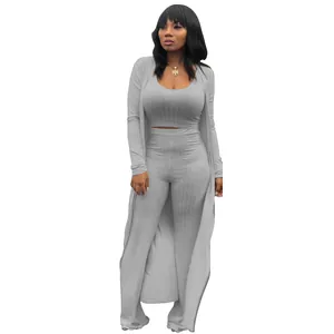 Elegant high elastic ribbed three-piece set including crop top, pants, and long cardigan